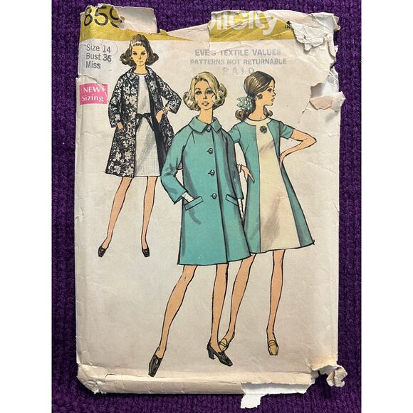 Simplicity Pattern 8591 bodycon dress tent coat  1960s sz 14 bust 36 - Picture 1 of 5